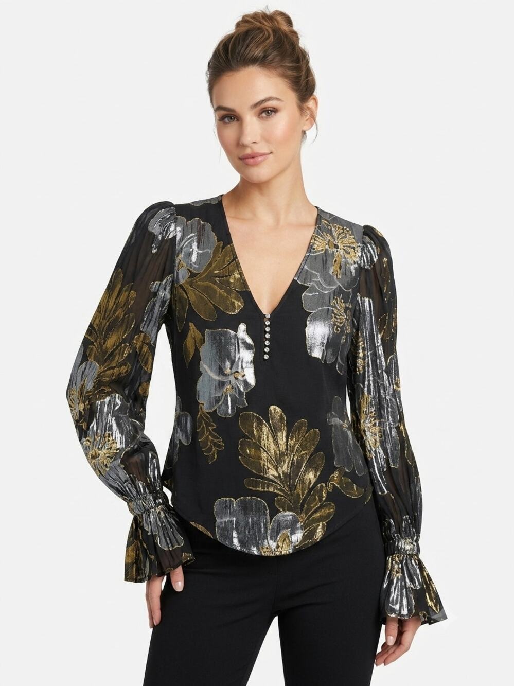 Trina Turk Blouse Top Womens XL Black Metallic Floral Silk Blend Flare Cuffed